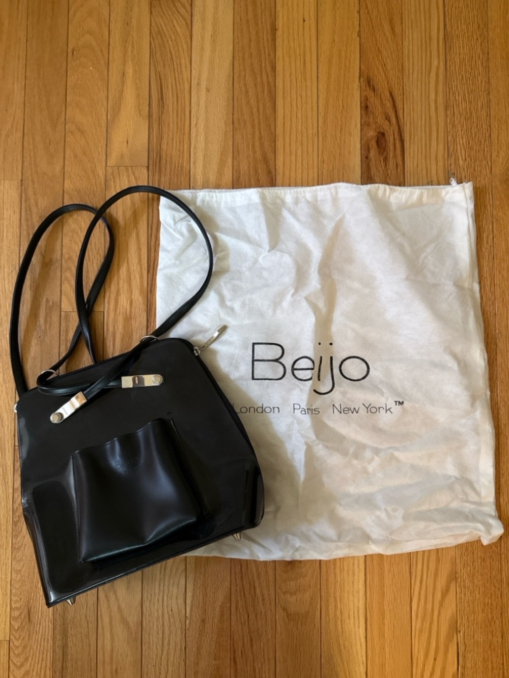Beijo Paris New York Black Patent Backpack Shoulder Bag/ Front Pocket/ Dust Bag